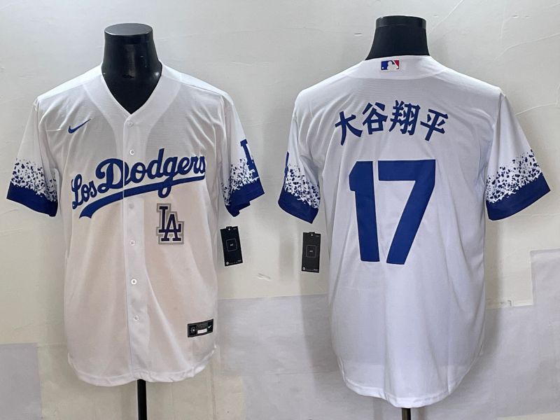 Men Los Angeles Dodgers #17 Ohtani White blue City Edition Nike MLB Jersey style 8